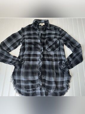 Cloth & Stone Blue Flannel Plaid Buttondown Shirt XS Fringe Hem Women 1091